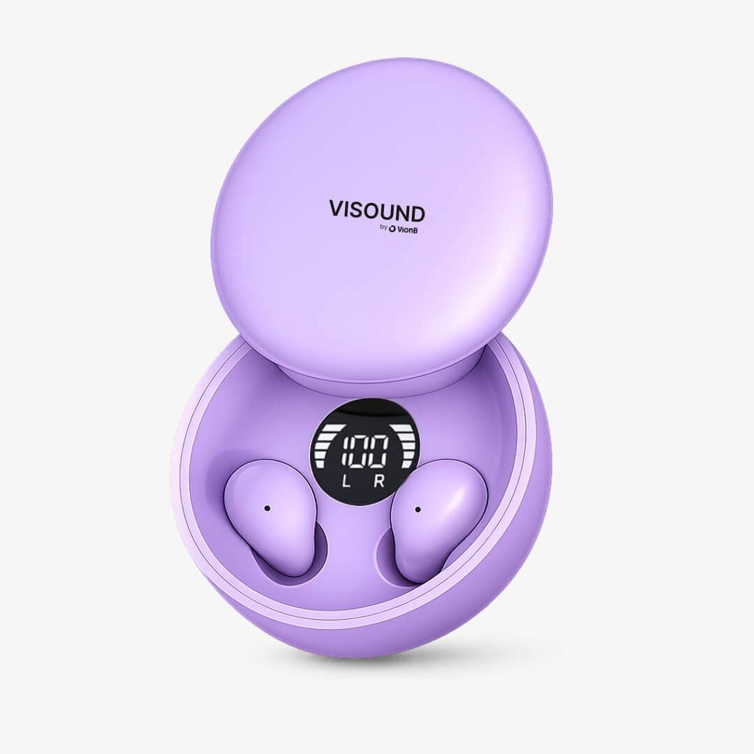 Product photograph by VISOUND by VionB of an open lavender wireless earbud charging case with both earbuds inside and a digital display showing 100 percent charge and LR indicators on a neutral background