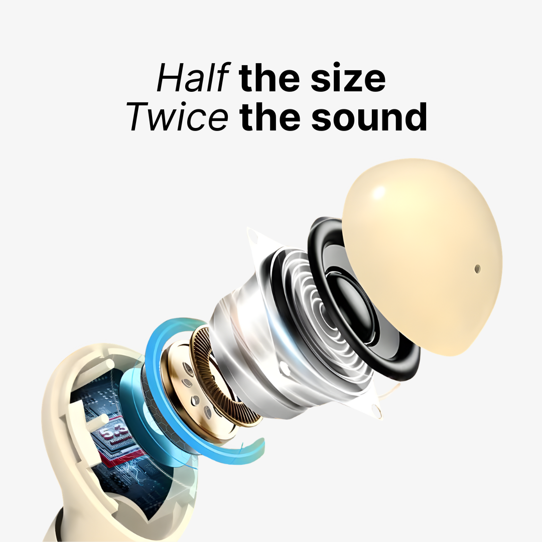 Digital illustration of an exploded cream-colored wireless earbud revealing its internal speaker, gold driver coil, and circuit board with a visible '5.3' chip and a vibrant blue ring
